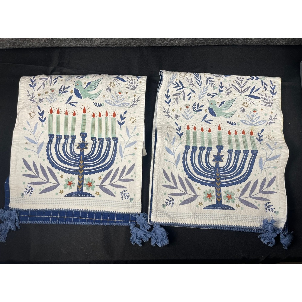 Set of 2 Hanukkah Menorah Quilted Table Runner‎ Reversible Blue Gold Plaid 6ft